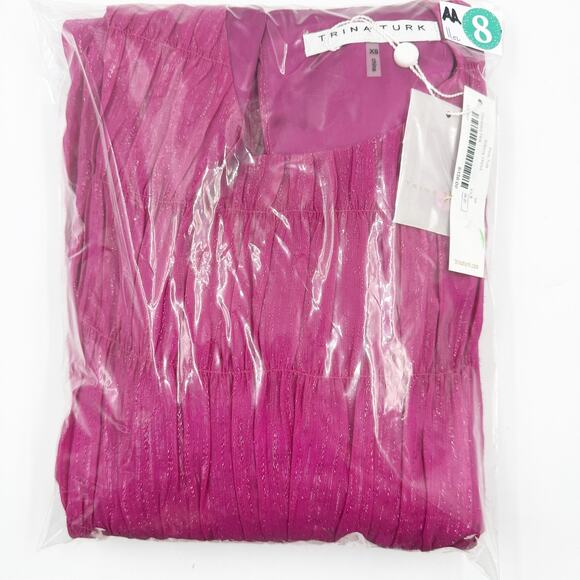 Trina Turk Silvery Metallic Tiered Short Sleeve Dress Planetary Fuchsia Pink XS - Picture 4 of 4